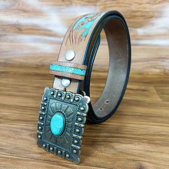 Turquoise Tooled Leather Western Belt: Floral Scrollwork, Antique Brass Buckle - Picture 2 of 12